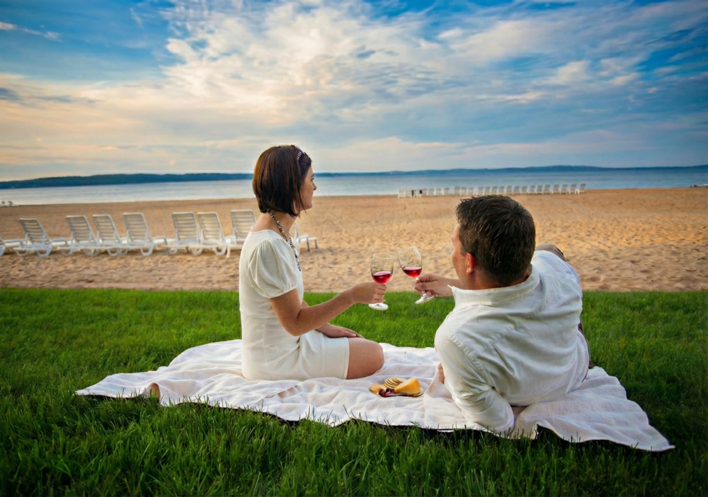 a man and woman sitting on a blanket on the beach