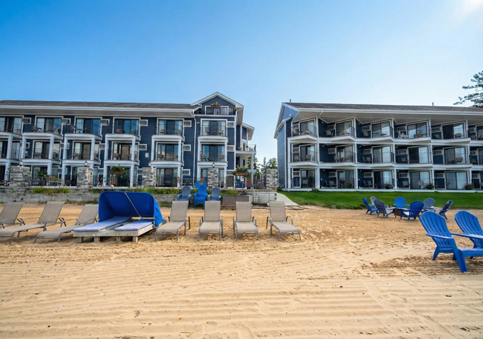 a beach with chairs and a building